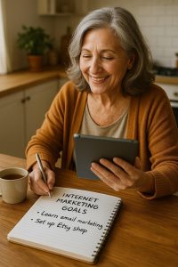 Older woman smiling while using a tablet at her kitchen table, planning online business goals
