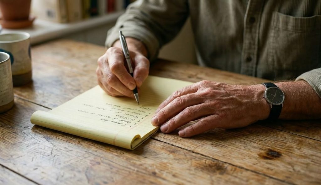 Person near retirement age reviewing online income models at kitchen table with laptop and notepad