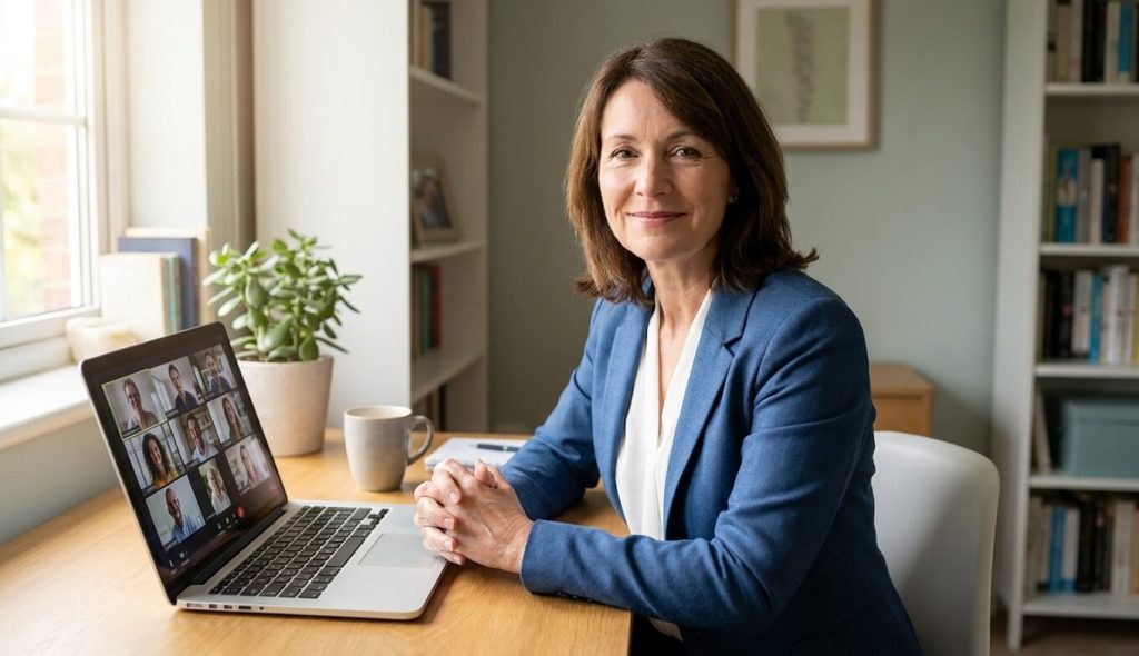 A woman in her mid-50s in smart casual clothing, sitting at a home desk in front of an open laptop, engaged in a video call.