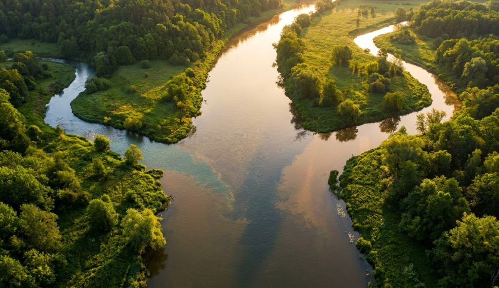 An aerial view of a calm river with two smaller streams flowing into it from either side, all converging into one wider channel moving forward representing online income models for retirement.
