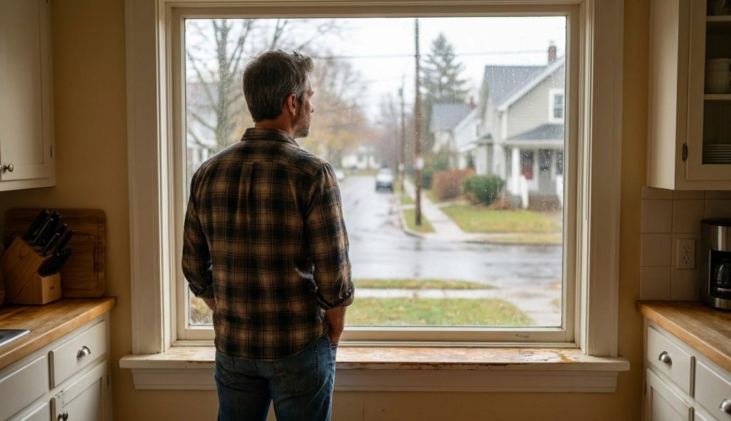 A man in his early 50s seen from behind, standing at a kitchen window looking out at a quiet residential street on an overcast morning.