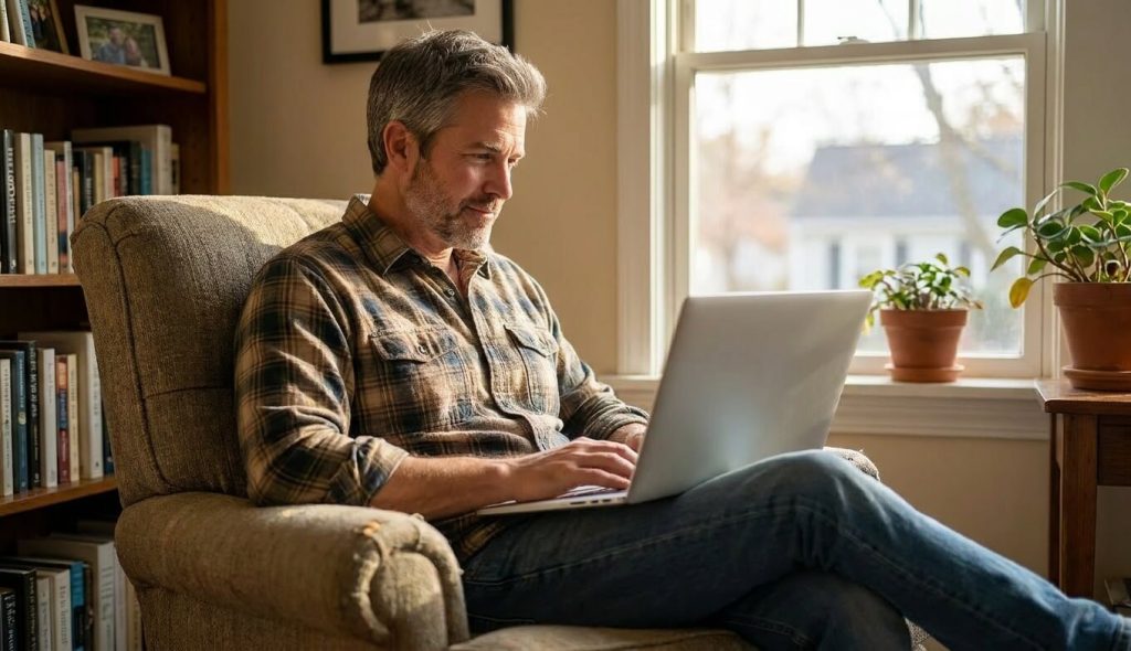 A person in their early 50s sitting comfortably in a well-worn armchair near a sunlit window, laptop open on their lap, reading intently with a calm and engaged expression.