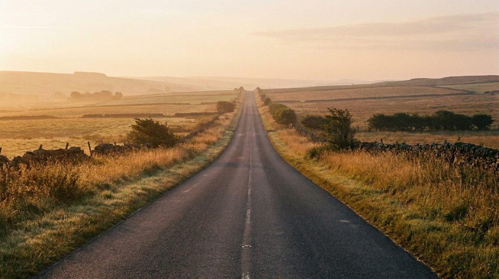 A long straight road stretching into the distance through a quiet rural landscape during early morning light representing "Now let me be straight with you."