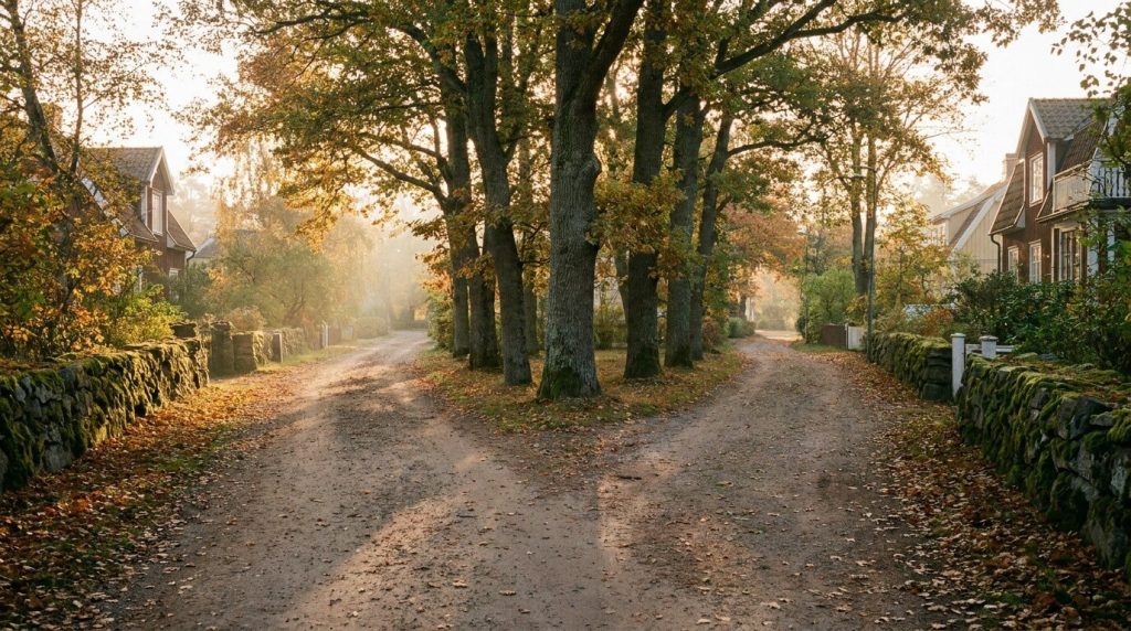 A quiet residential street at early morning where the path splits naturally into two directions. Representing choosing a path.
