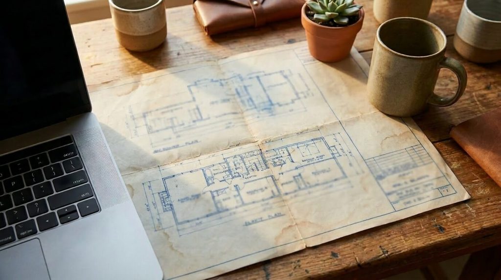 A blueprint, slightly out of focus and unreadable. A laptop partially visible. The visual feeling of a practical person who has mapped out a clear sequential process and is ready to follow it step by step.