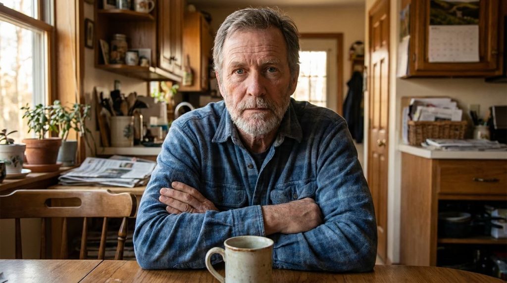 A man in his early 60s sitting at a kitchen table, both forearms resting on the table, looking directly into the camera with a calm, steady, and completely honest expression. No smile. No performance. The expression of someone who is about to say something true and important and wants to make sure you hear it clearly.
