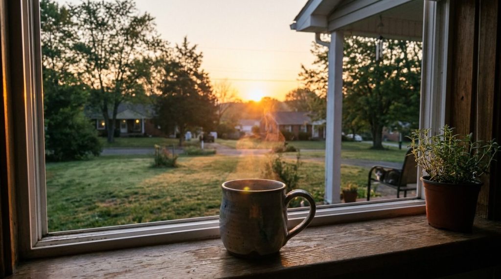 An early morning that communicates quiet, purposeful beginning. The first light of a new day over a familiar landscape — a cup of coffee sitting on a windowsill, a front yard, a neighborhood street, a porch view. The feeling of someone who gets up before the world is awake and does the work.