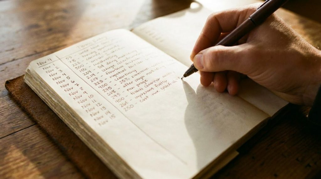 A physical journal open to a page of real handwritten tracking — numbers, dates, notes, observations. The honest visual of someone documenting their own progress in real time.