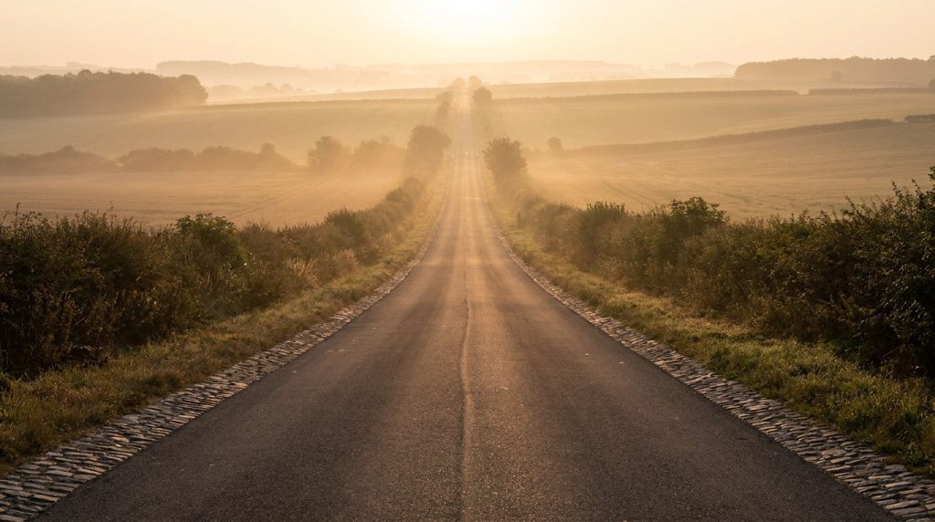 A quiet two-lane road stretching forward through a calm rural landscape in early morning light. The road is clear and well-maintained. Open fields on either side. Warm golden light on the horizon ahead. No people. No vehicles. Just a clear, open path moving forward into a calm and manageable distance. The visual feeling of a direction that is realistic and genuinely navigable.