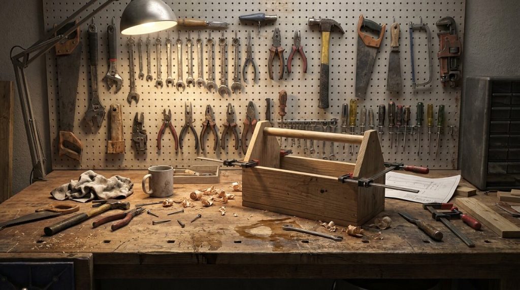 A worn, well-used personal workshop or garage space. Tools organized on a pegboard. A workbench with an active project in progress. The honest, unglamorous environment of someone doing real work.