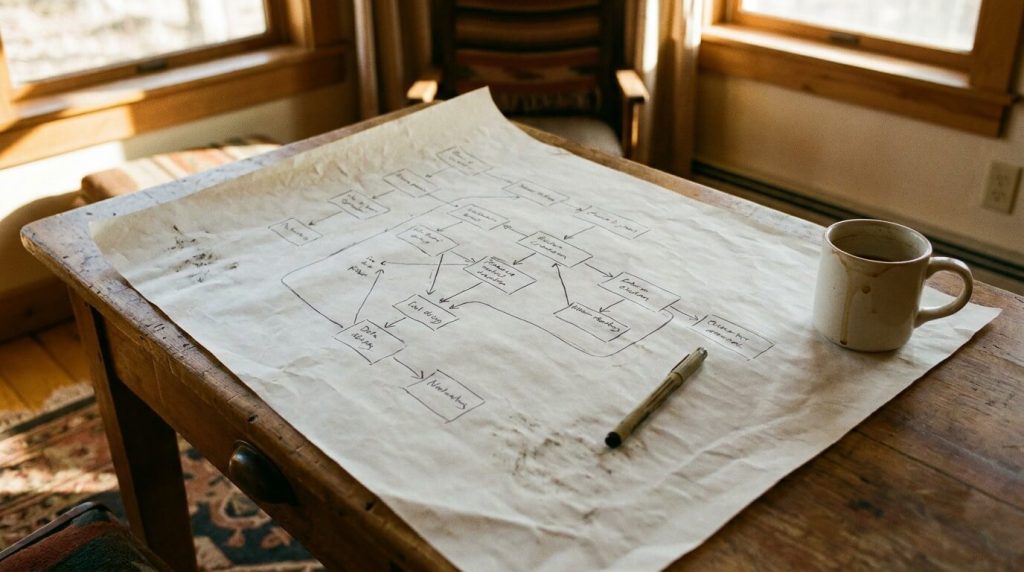 A hand-drawn flow chart on paper representing a real plan in progress.