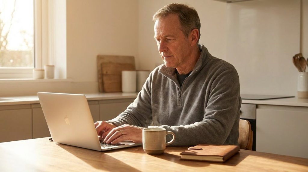 A man in his early 60s sitting at a kitchen table in early morning light, laptop open, coffee mug to the side, typing with a calm and focused expression. The feeling of someone who decided last night to begin and is sitting down this morning to do exactly that. No drama. No fanfare. Just a person and their work at the start of a new day.