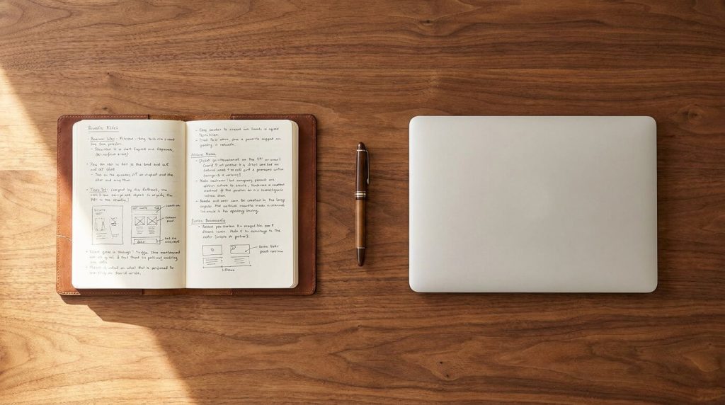 An open notebook with handwriting, a pen, and a laptop arranged on a clean wooden desk.