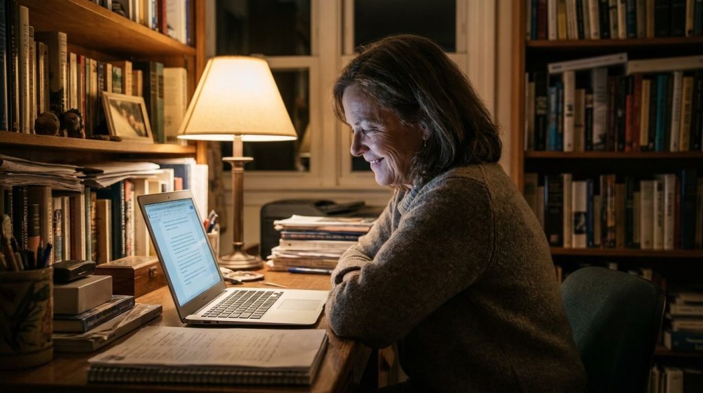 A woman in her late 50s sitting at a desk in a dimly lit room, the light from a laptop screen illuminating her face softly. She is reading something on the screen with a focused, engaged expression; the look of someone who has just found exactly what they were looking for after a long search.