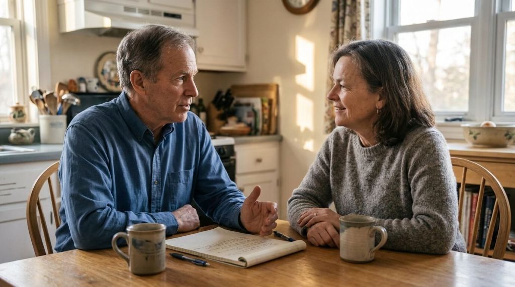Two people in their late 50s sitting across from each other at a kitchen table. One is leaning slightly forward, speaking honestly with a calm and direct expression. The other is listening with genuine attention. A notepad and coffee mug on the table between them. The feeling of a real, unguarded conversation between two people who trust each other.