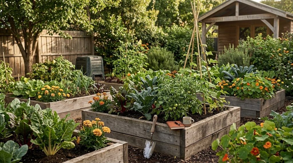 A personal backyard garden in an active and healthy stage of growth. Established plants clearly thriving. Morning light. No person visible. A garden trowel resting against a raised bed.