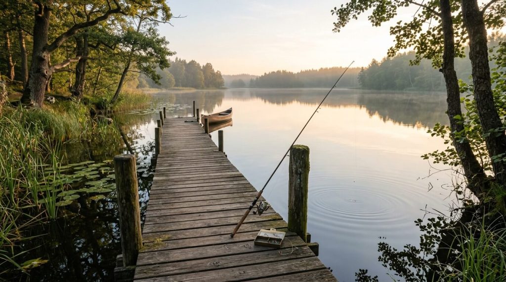 A quiet lake in early morning light. Still water reflecting the sky. A wooden dock extending out from the near shore. No people. A single fishing rod leaning against a dock post.