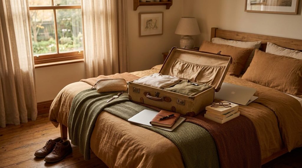 A single well-worn travel suitcase sitting open on a bed in a warmly lit bedroom. A laptop and a few personal items neatly placed beside it ready to be packed.